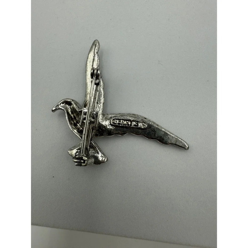 Vintage Gerrys Silver Tone Seagull Bird Brooch Blue‎ Rhinestone Eye Pin